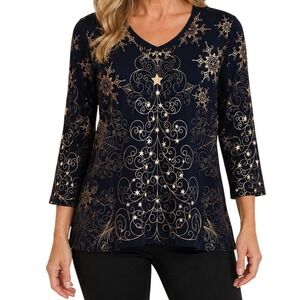 NEW Jess & Jane 3X Christmas Star Black Gold Top 3/4 Sleeve. Subdued Classy